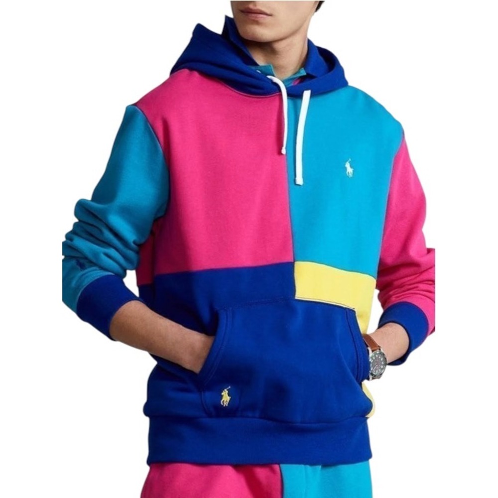 Polo Ralph Lauren Mens XL Colorblock Hoodie Multi Color Patchwork Fleece Pony